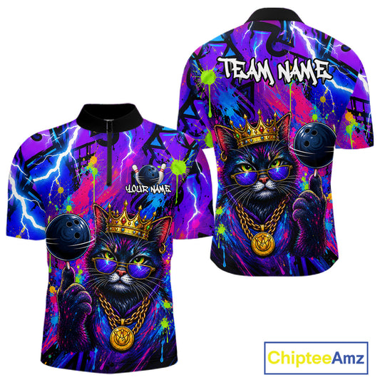 Front and back view personalized bowling quarter zip shirt with a crowned cat holding a bowling ball, blended with colorful paint strokes and graphic patterns.