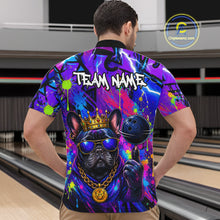 Load image into Gallery viewer, Men wearing personalized bowling quarter zip shirt with a crowned bulldog holding a bowling ball, surrounded by paint effects and bold graphic patterns.