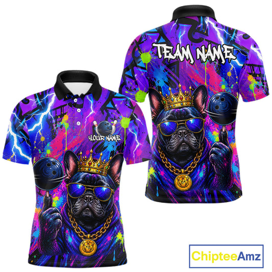 Front and back view personalized bowling polo shirt with a crowned bulldog holding a bowling ball, surrounded by paint effects and bold graphic patterns.