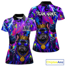 Load image into Gallery viewer, Front and back view personalized bowling polo shirt with a crowned bulldog holding a bowling ball, surrounded by paint effects and bold graphic patterns.