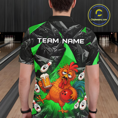 Man wearing a black and green bowling polo featuring a wild rooster mascot holding a beer mug and red bowling ball, with custom team name text.