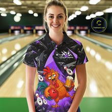 Load image into Gallery viewer, Woman wearing a black and purple bowling polo featuring a wild rooster mascot holding a beer mug and red bowling ball, with custom your name text.