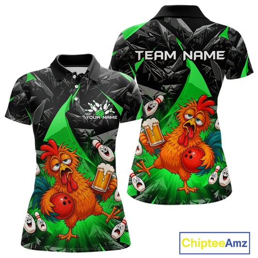 Front and back views of a black and green bowling polo featuring a wild rooster mascot holding a beer mug and red bowling ball, with custom team text.