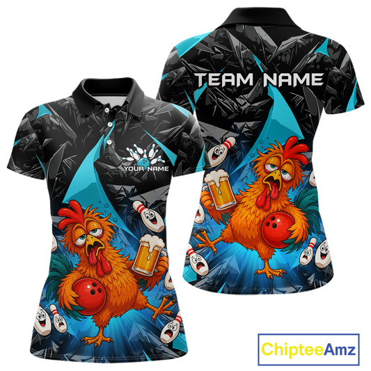 Front and back views of a black and turquoise bowling quarter zip featuring a wild rooster mascot holding a beer mug and red bowling ball, with custom team text.