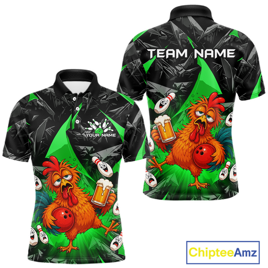 Front and back views of a black and green bowling polo featuring a wild rooster mascot holding a beer mug and red bowling ball, with custom team text.