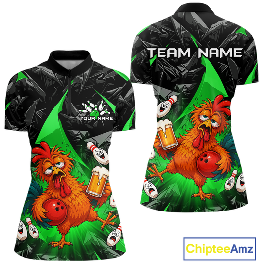 Front and back views of a black and green bowling quarter zip featuring a wild rooster mascot holding a beer mug and red bowling ball, with custom team text.