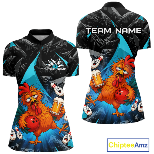 Front and back views of a black and turquoise bowling polo featuring a wild rooster mascot holding a beer mug and red bowling ball, with custom team text.
