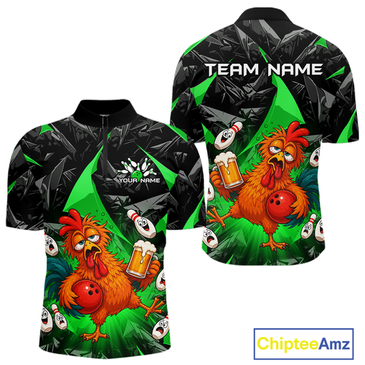 Front and back views of a black and green bowling quarter zip featuring a wild rooster mascot holding a beer mug and red bowling ball, with custom team text.