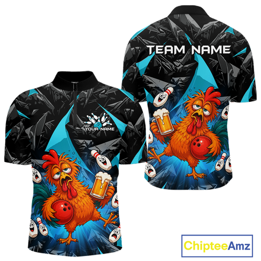 Front and back views of a black and turquoise bowling quarter zip featuring a wild rooster mascot holding a beer mug and red bowling ball, with custom team text.
