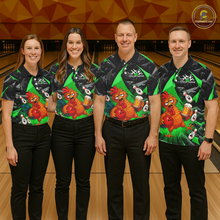 Load image into Gallery viewer, Four people wearing black and green bowling polo featuring a wild rooster mascot holding a beer mug and red bowling ball, with custom your name text.