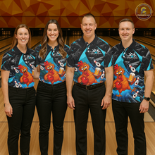 Load image into Gallery viewer, Four people wearing black and turquoise bowling polo featuring a wild rooster mascot holding a beer mug and red bowling ball, with custom your name text.