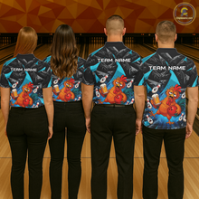 Load image into Gallery viewer, Four people wearing black and turquoise bowling polo featuring a wild rooster mascot holding a beer mug and red bowling ball, with custom team name text