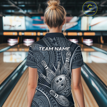 Load image into Gallery viewer, Women wearing personalized bowling polo shirt with bowling balls and pins arranged within polynesian tribal patterned artwork across a navy blue layout.