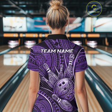 Load image into Gallery viewer, Women wearing personalized bowling polo shirt with bowling balls and pins arranged within polynesian tribal patterned artwork across a purple layout.