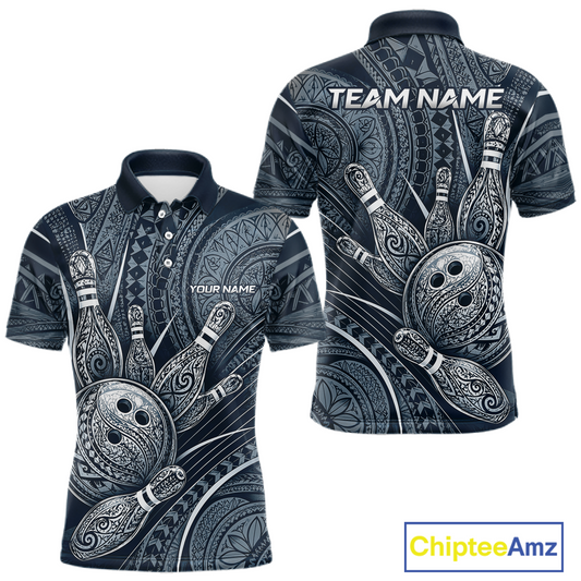 Front and back view personalized bowling polo shirt with bowling balls and pins arranged within navy blue polynesian tribal patterned artwork across a dark layout.