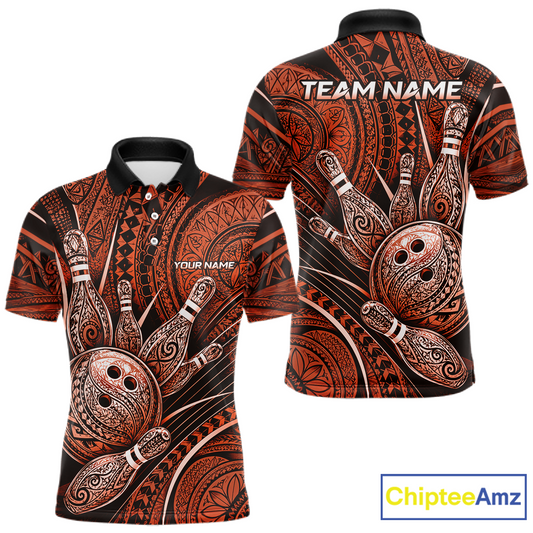Front and back view personalized bowling polo shirt with bowling balls and pins arranged within orange polynesian tribal patterned artwork across a dark layout.
