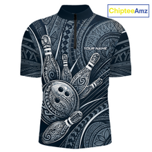Load image into Gallery viewer, Front view personalized bowling quarter zip shirt with bowling balls and pins arranged within navy blue polynesian tribal patterned artwork across a dark layout.