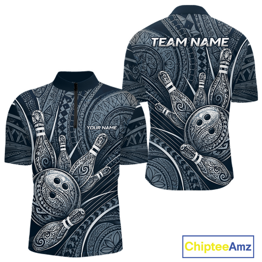 Front and back view personalized bowling quarter zip shirt with bowling balls and pins arranged within navy blue polynesian tribal patterned artwork across a dark layout.