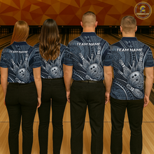 Load image into Gallery viewer, Four people wearing personalized bowling polo shirt with bowling balls and pins arranged within polynesian tribal patterned artwork across a navy blue layout.