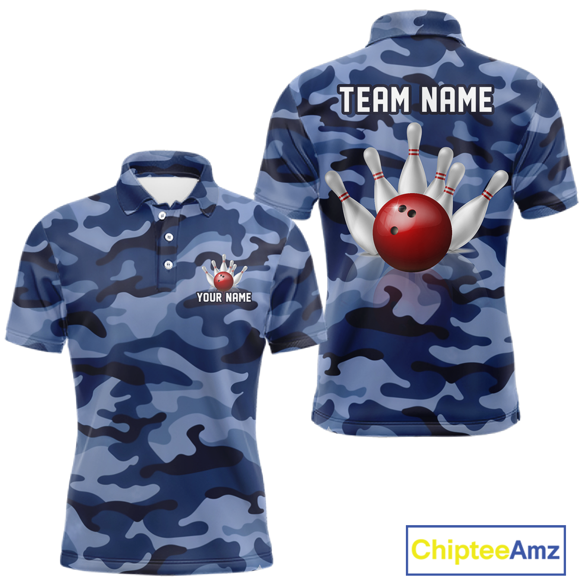 Custom Blue Camo Bowling Jersey for Men Bowling Team Shirts Bowling Uniform Polo & 1/4 Zip HNT167