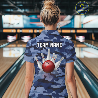 Custom Blue Camo Bowling Jersey for Women Bowling Team Shirts Bowling Uniform Polo & 1/4 Zip HNT167