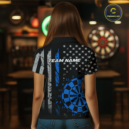 Custom Blue US Flag Darts Shirt for Women Darts Team Jerseys Dart Tournament Polo & 1/4 Zip NNT116