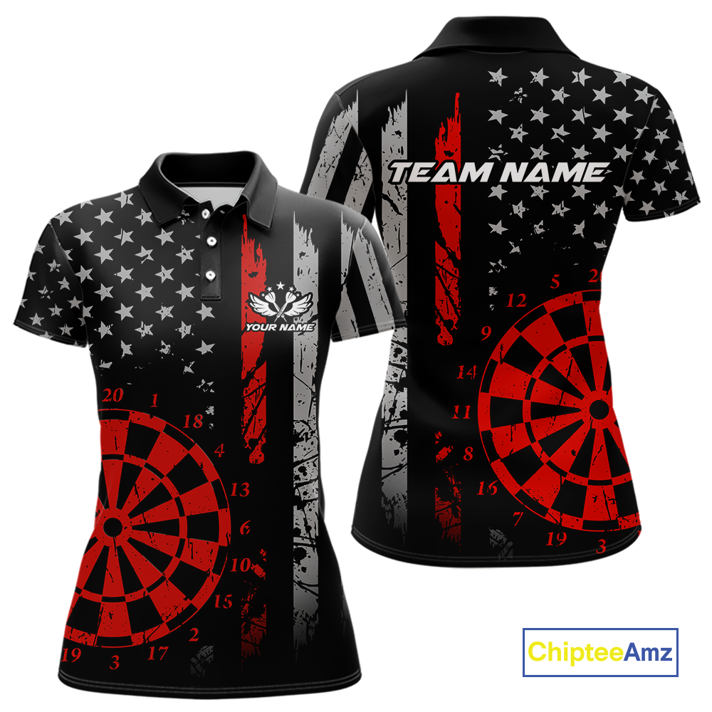Custom Red US Flag Darts Shirt for Women Darts Team Jerseys Dart Tournament Polo & 1/4 Zip NNT116