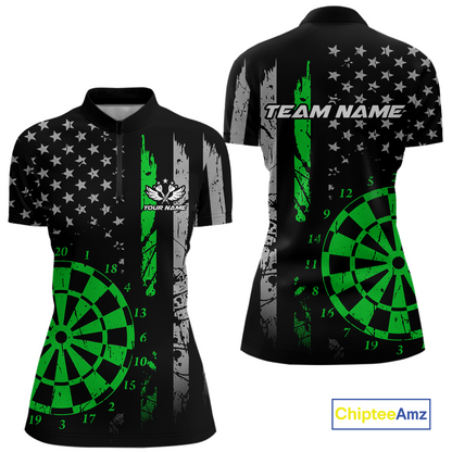 Custom Green US Flag Darts Shirt for Women Darts Team Jerseys Dart Tournament Polo & 1/4 Zip NNT116