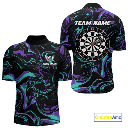 Purple-Turquoise Pattern Darts Team Jerseys Dart Shirts For Men Dart Tournament Polo & 1/4 Zip NNT119