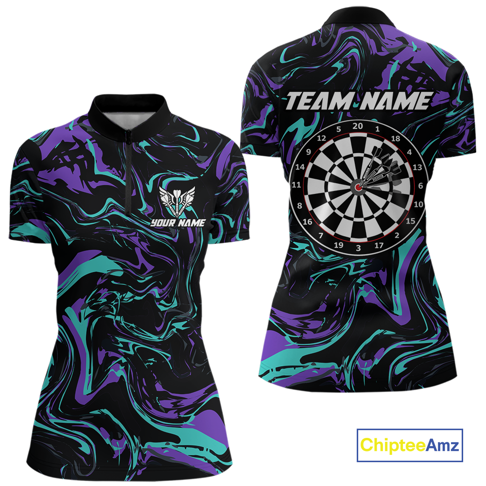Purple-Turquoise Pattern Darts Team Jerseys Dart Shirts For Women Dart Tournament Polo & 1/4 Zip NNT119