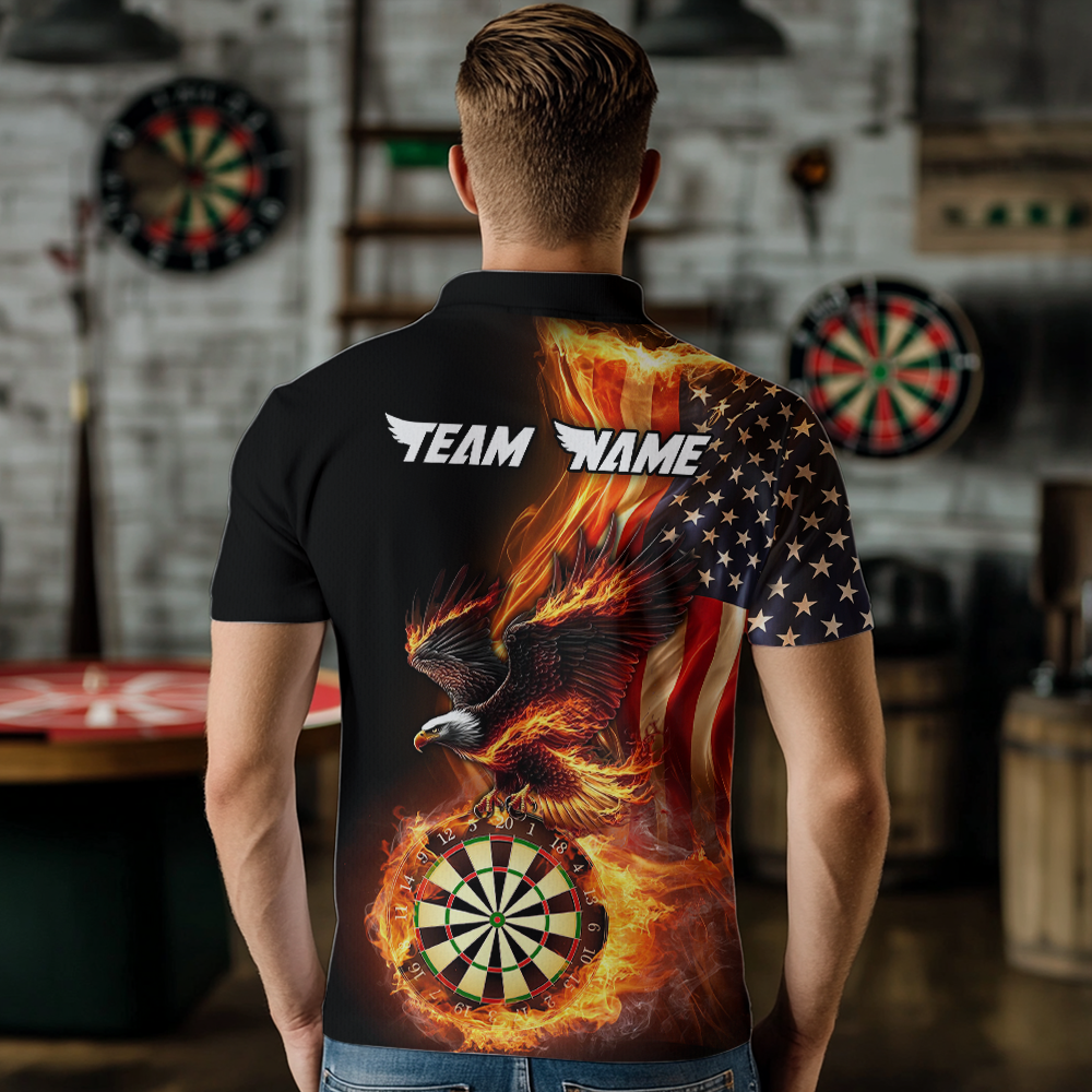 Custom Flame US Flag Eagle Darts Shirt for Men Darts Team Jerseys Dart Tournament Polo & 1/4 Zip NNT112
