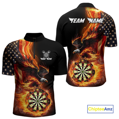 Custom Flame US Flag Eagle Darts Shirt for Men Darts Team Jerseys Dart Tournament Polo & 1/4 Zip NNT112