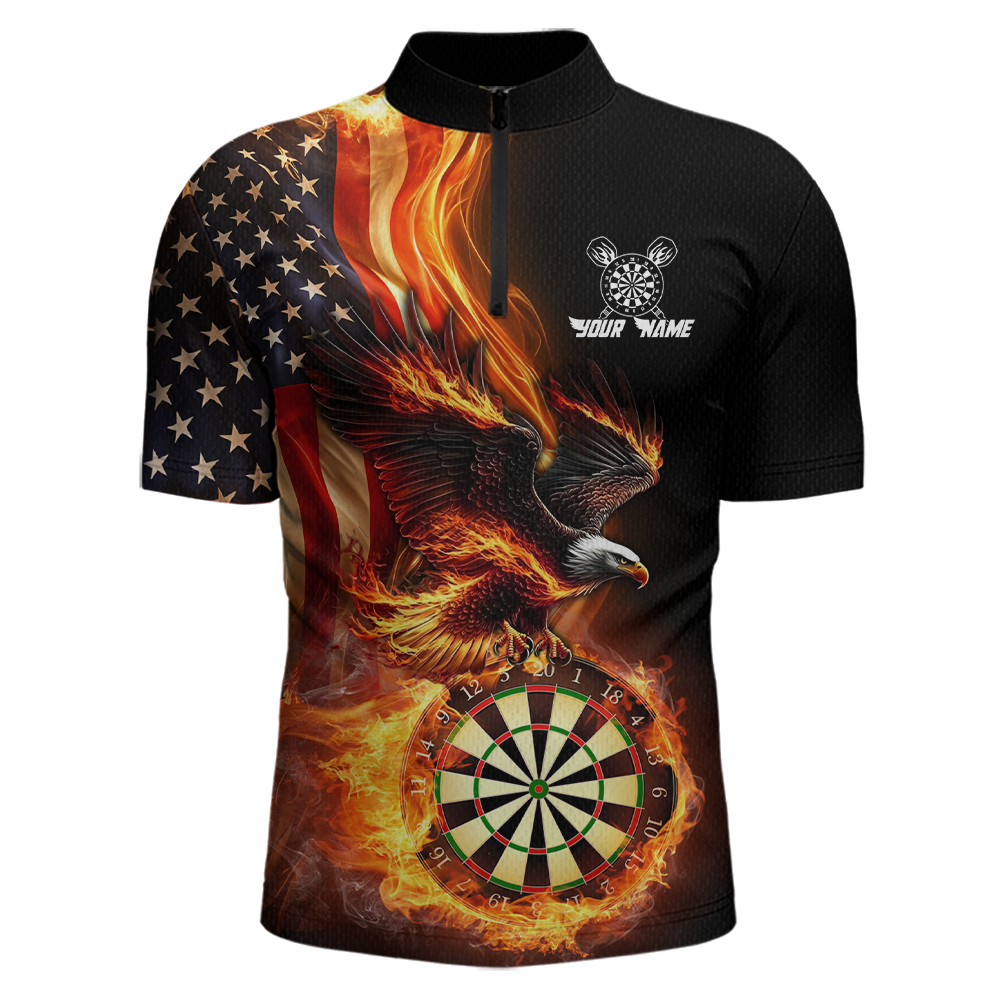 Custom Flame US Flag Eagle Darts Shirt for Men Darts Team Jerseys Dart Tournament Polo & 1/4 Zip NNT112