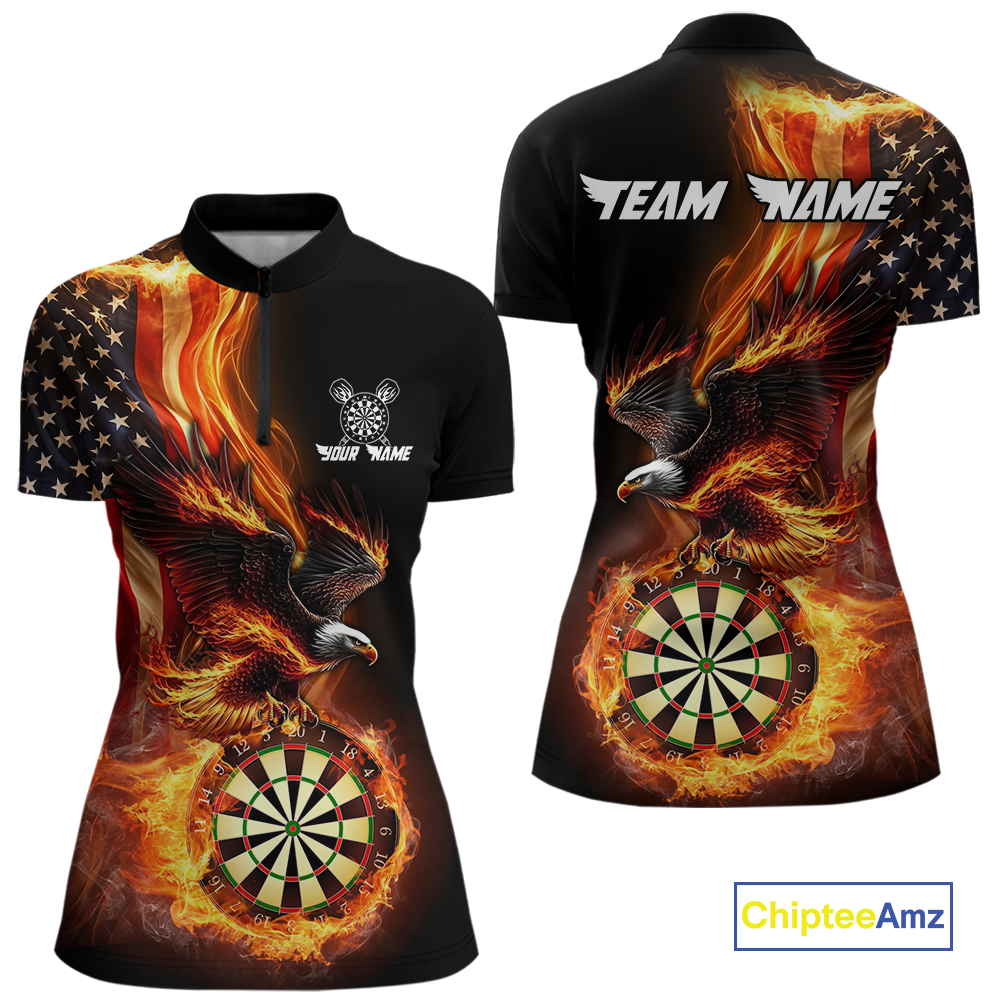 Custom Flame US Flag Eagle Darts Shirt for Women Darts Team Jerseys Dart Tournament Polo & 1/4 Zip NNT112