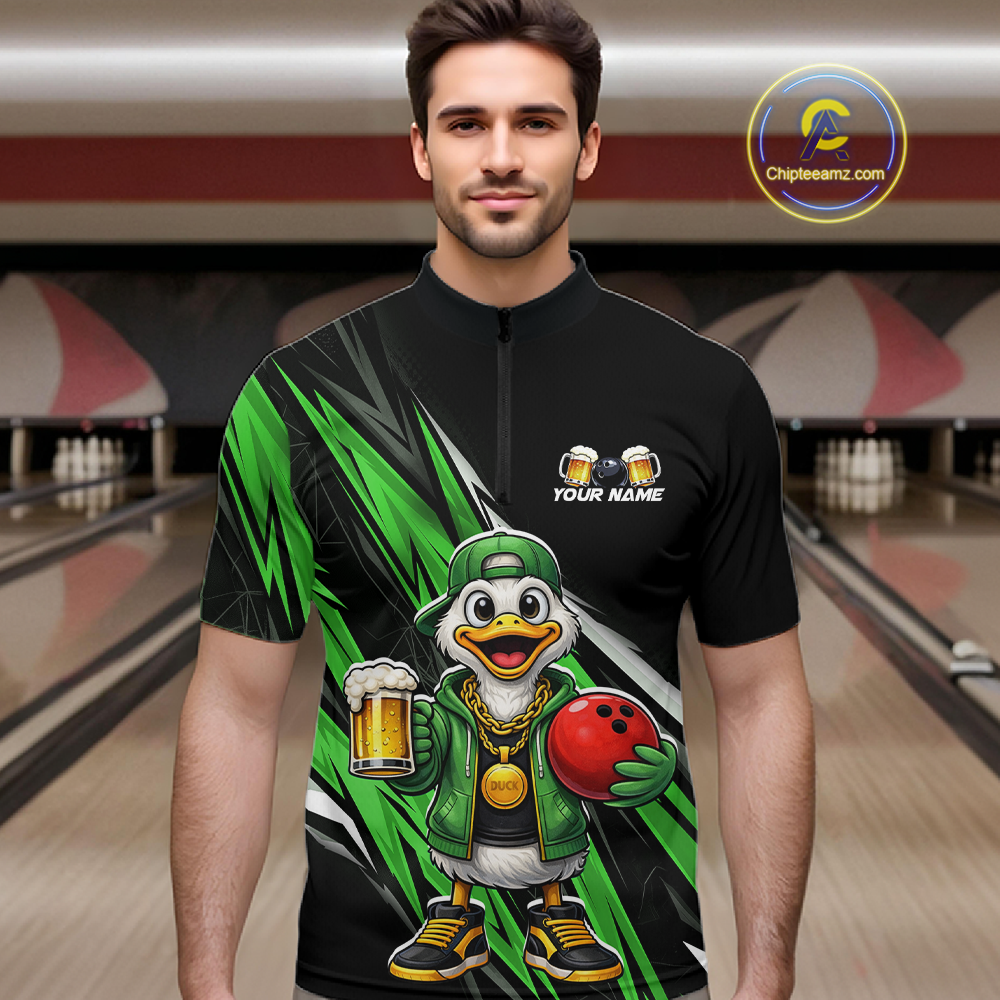 Custom Green Beer Duck Bowling Shirt for Men Duck Funny Beer Bowling Team Jersey HNT276