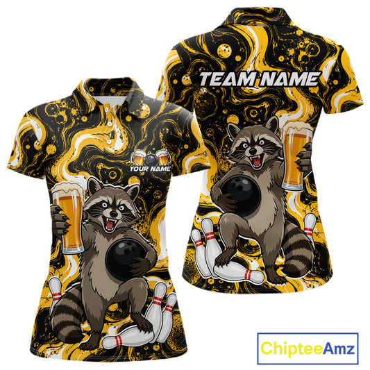 Custom Beer Raccoon Bowling Shirt for Women Bowling Polo & 1/4 Zip Bowling Team Shirts HNT311