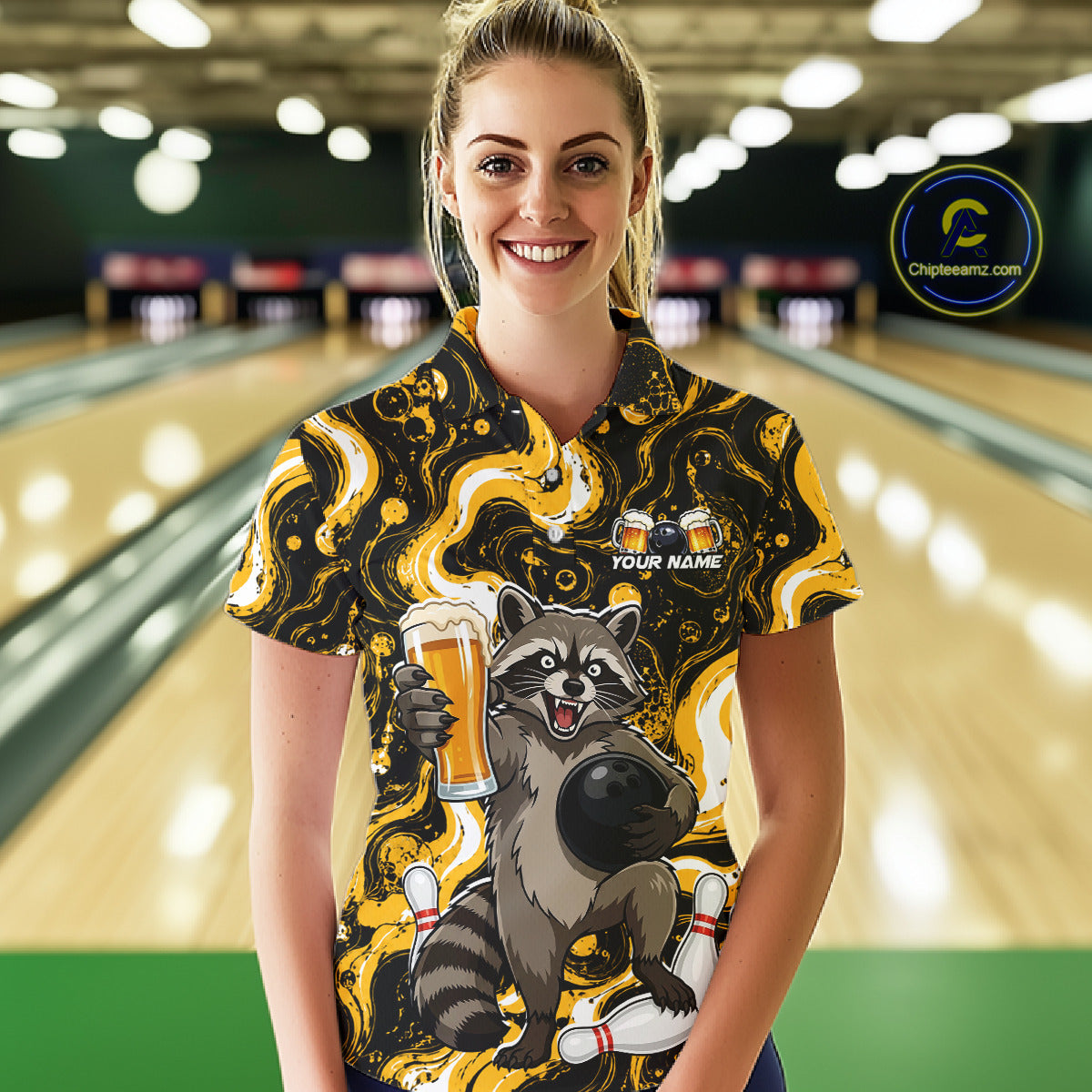 Custom Beer Raccoon Bowling Shirt for Women Bowling Polo & 1/4 Zip Bowling Team Shirts HNT311