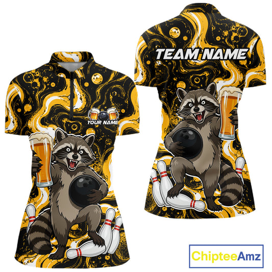 Custom Beer Raccoon Bowling Shirt for Women Bowling Polo & 1/4 Zip Bowling Team Shirts HNT311