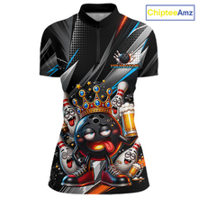Load image into Gallery viewer, Front view personalized bowling quarter zip shirt with a crowned bowling ball character surrounded by pins and angled graphic patterns across a black layout.