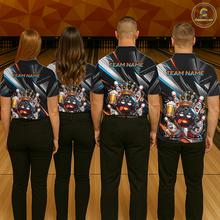 Load image into Gallery viewer, Four people wearing personalized bowling polo shirt with a crowned bowling ball character surrounded by pins and angled graphic patterns across a black layout.
