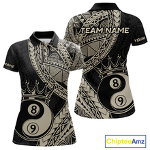 Load image into Gallery viewer, Front and back view personalized billiards polo shirt with crowned eight and nine ball artwork integrated into flowing geometric patterns on a black layout.