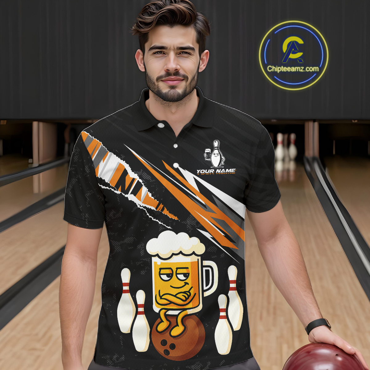 Custom Orange Funny Beer Bowling Jersey for Men Bowling Team Shirts Polo & 1/4 Zip HNT170