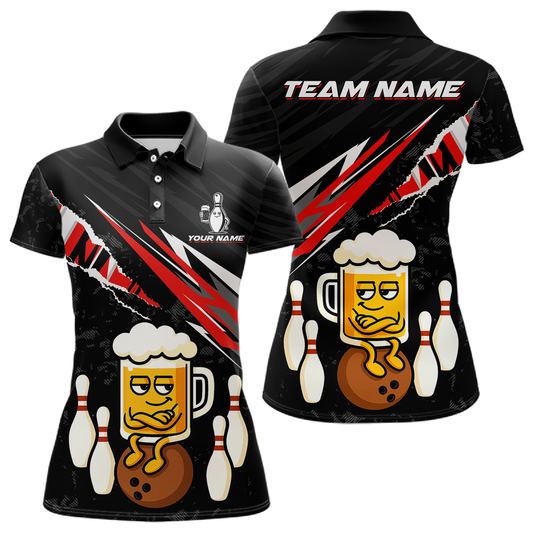 Custom Red Funny Beer Bowling Jersey for Women Bowling Team Shirts Polo & 1/4 Zip HNT170