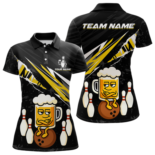 Custom Yellow Funny Beer Bowling Jersey for Women Bowling Team Shirts Polo & 1/4 Zip HNT170