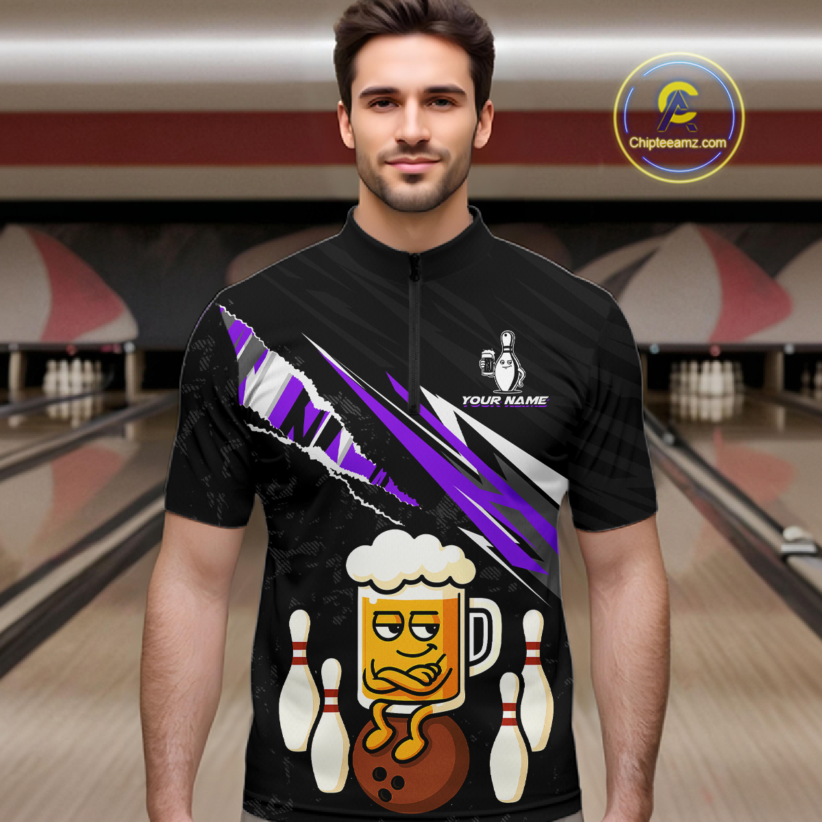 Custom Purple Funny Beer Bowling Jersey for Men Bowling Team Shirts Polo & 1/4 Zip HNT170