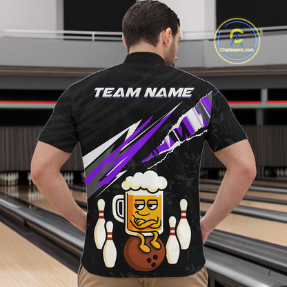 Custom Purple Funny Beer Bowling Jersey for Men Bowling Team Shirts Polo & 1/4 Zip HNT170