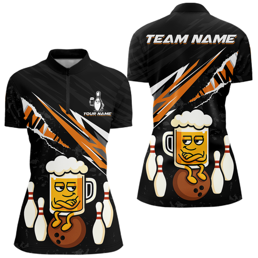 Custom Orange Funny Beer Bowling Jersey for Women Bowling Team Shirts Polo & 1/4 Zip HNT170