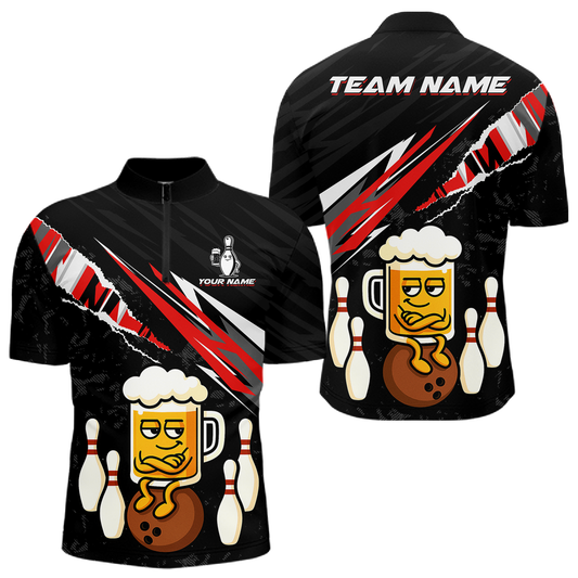 Custom Red Funny Beer Bowling Jersey for Men Bowling Team Shirts Polo & 1/4 Zip HNT170