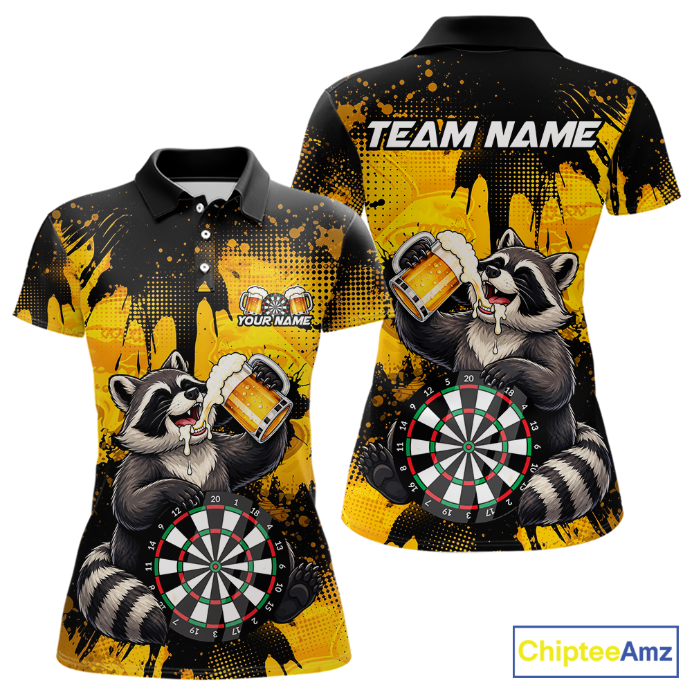 Front and back views of a black and yellow darts polo featuring a raccoon drinking beer, dartboard graphics, and custom team and player name text.