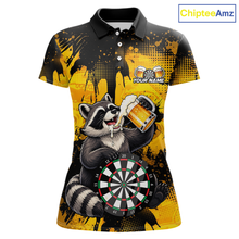 Load image into Gallery viewer, Front views of a black and yellow darts polo featuring a raccoon drinking beer, dartboard graphics, and custom team and player name text.